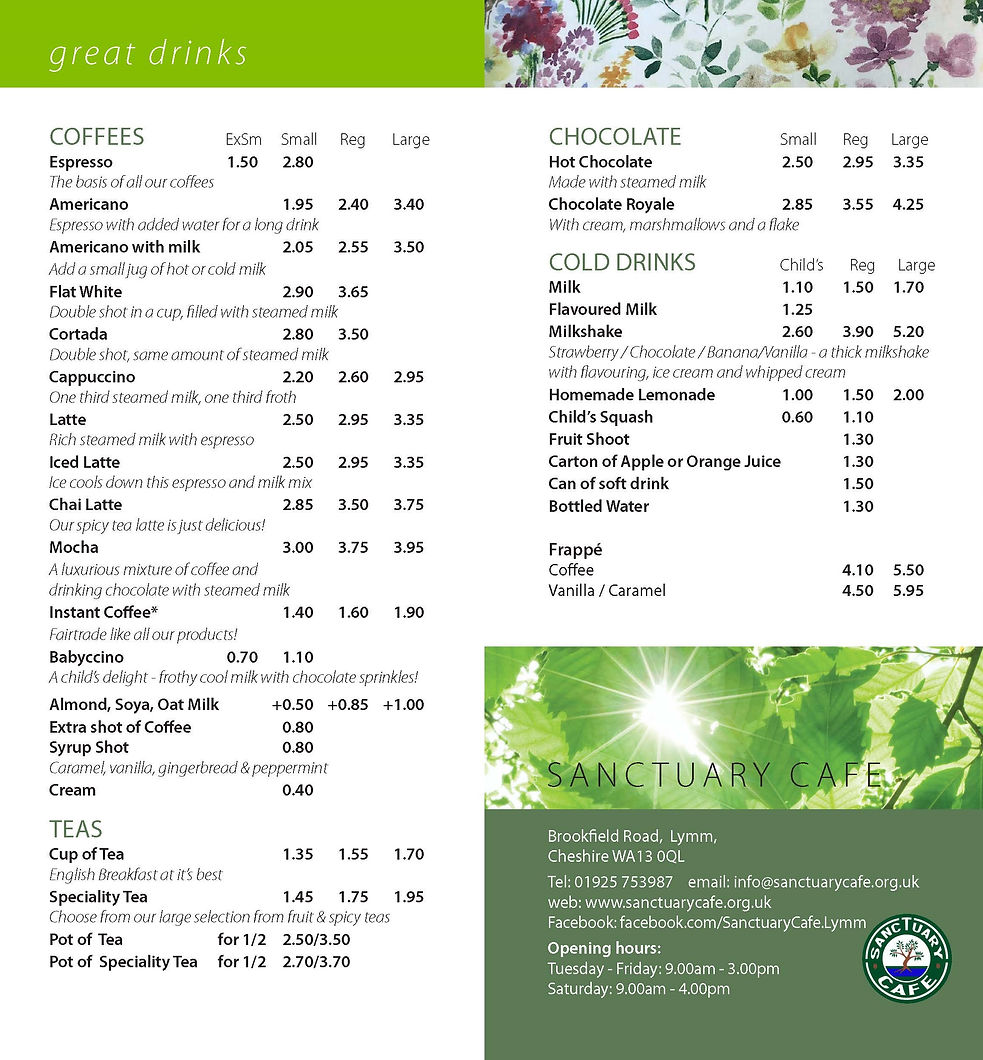 Cafe Menu Sanctuary Café Lymm